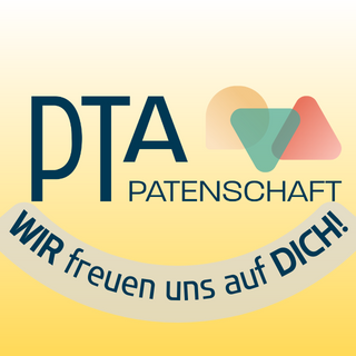 Das Bild zeigt ein Logo der PTA-Patenschaft mit dem Text "WIR freuen uns auf DICH!" auf gelbem Hintergrund.